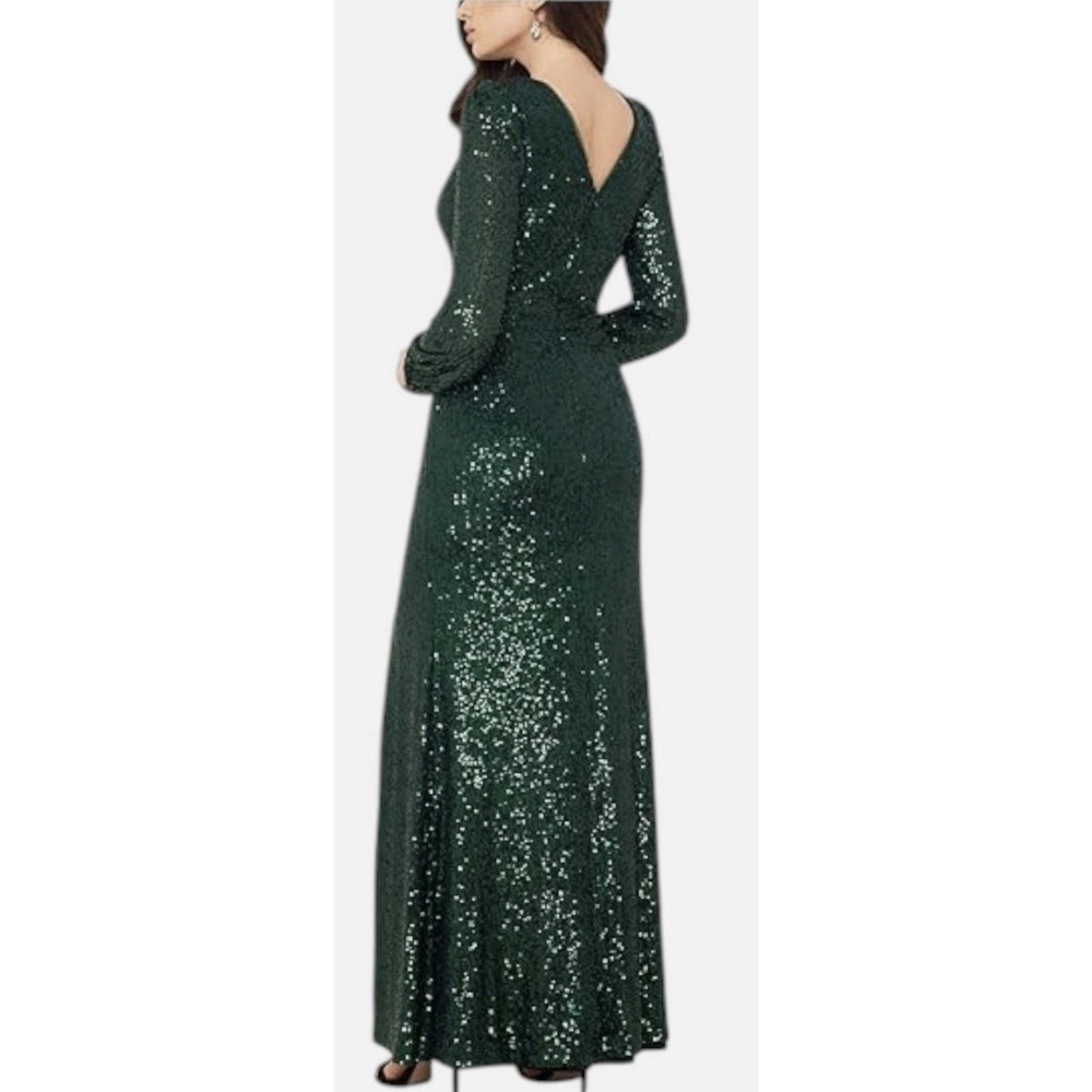 Xscape Long Sleeve Long V-Neck All Over Sequin Gown Hunter Size 18W - Picture 2 of 12